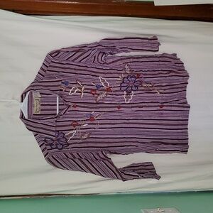 Vintage Purple Striped Button-Down Shirt with Floral Embroidery